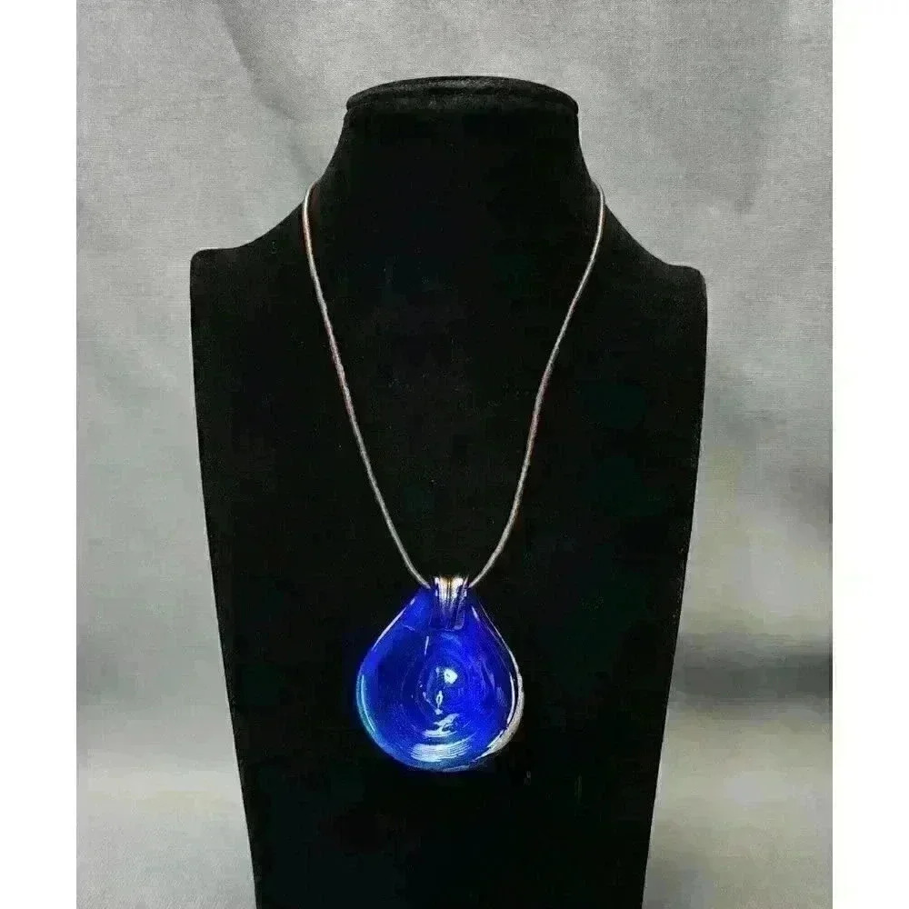 Dichroic Glass Art Glass Pendant Brown Leather Cord Necklace 925 Sterling Clasp - Picture 2 of 4
